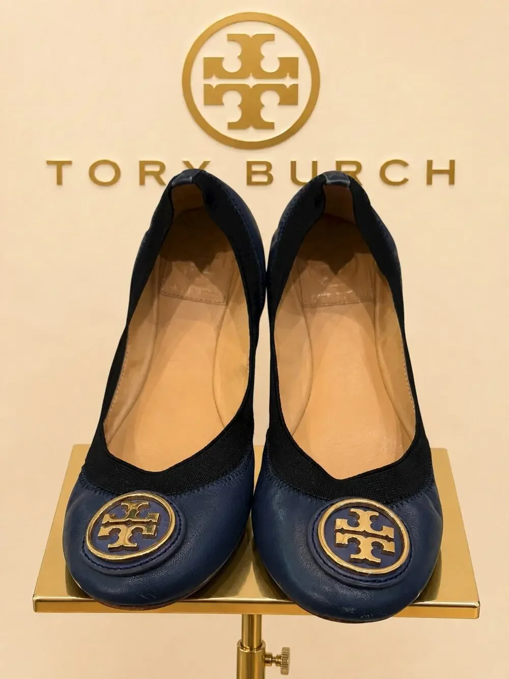 Tory Burch Caroline 2 Ballet Flats Clare Blue/Black Leather Sz 6 w/ Box